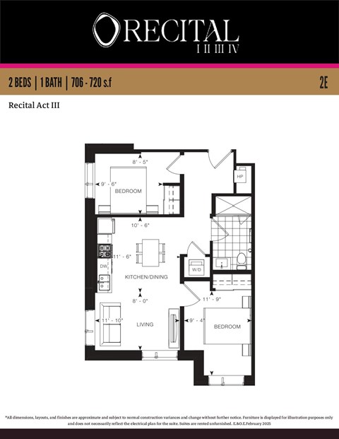 Floor plan for 2 beds, 1 bath, 707 sqft
